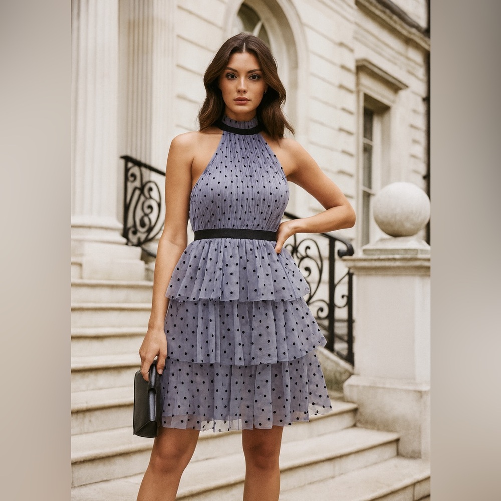 Lipsy Lilac Polka Dot Tiered Halter Mini Dress